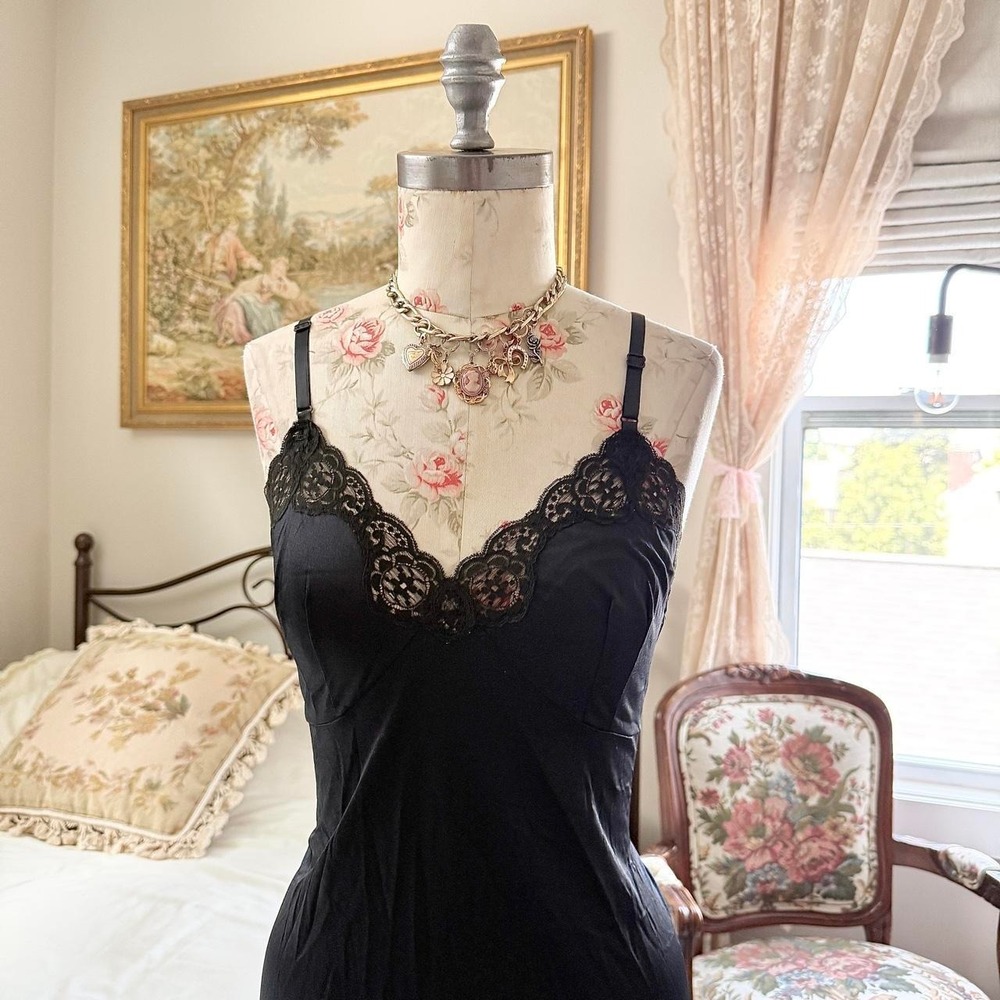 90s French Maid size 40 black lace trim slip dress - Picture 3 of 7